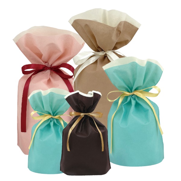高品質 不織布リボン付きギフトバッグ 【巾着5枚セット】