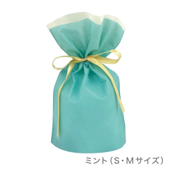 高品質 不織布リボン付きギフトバッグ 【巾着5枚セット】(［M］ミント)