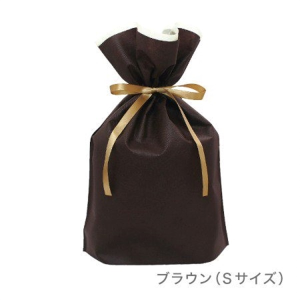 高品質 不織布リボン付きギフトバッグ 【巾着5枚セット】(［S］ブラウン)